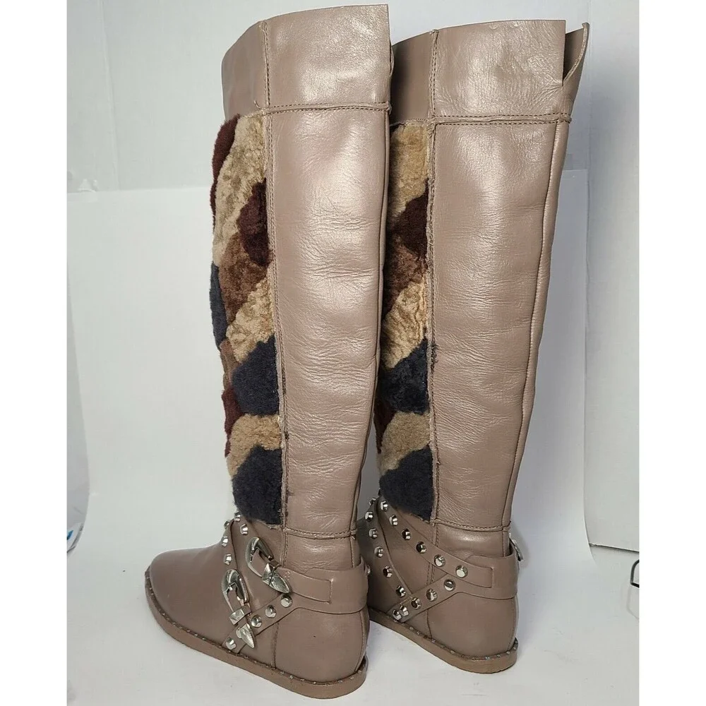 Ivy Kirzhner women boot Shearling Taupe tall fur Tartufo Patchwork Riding sz 7.5